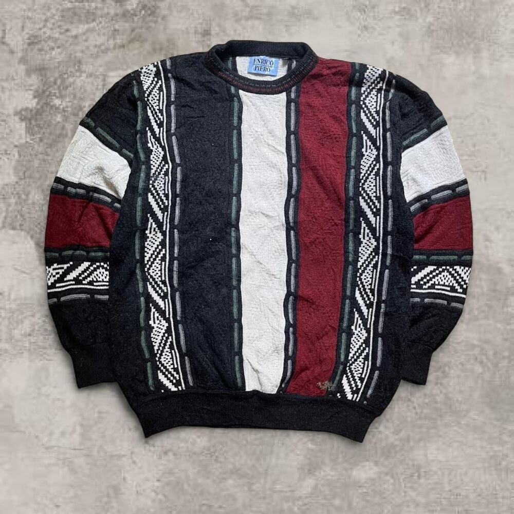 Coogi Original Style Sweater Red White Geometric Knit Jumper XL Alpaca Wool